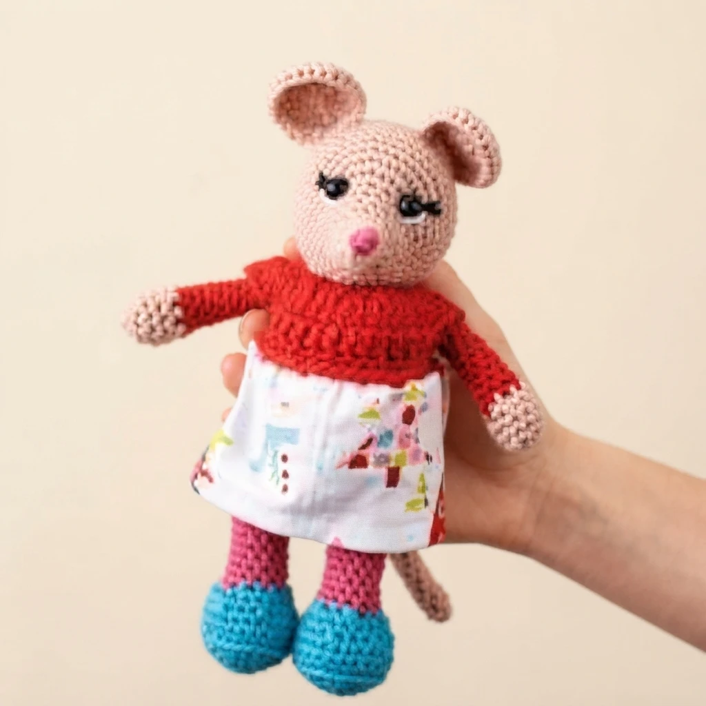 Crochet amigurumi mouse wearing a red sweater and a white skirt with a festive print, with pink legs and blue shoes, held in a person's hand.