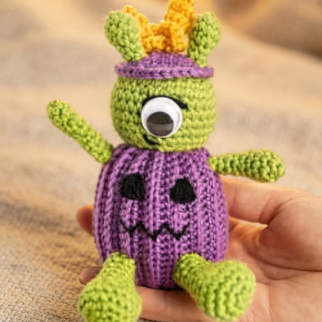Crocheted alien pumpkin toy held in a hand, with a green head and limbs, one large googly eye, a yellow crown, and a purple ribbed pumpkin body with a stitched jack-o-lantern face.