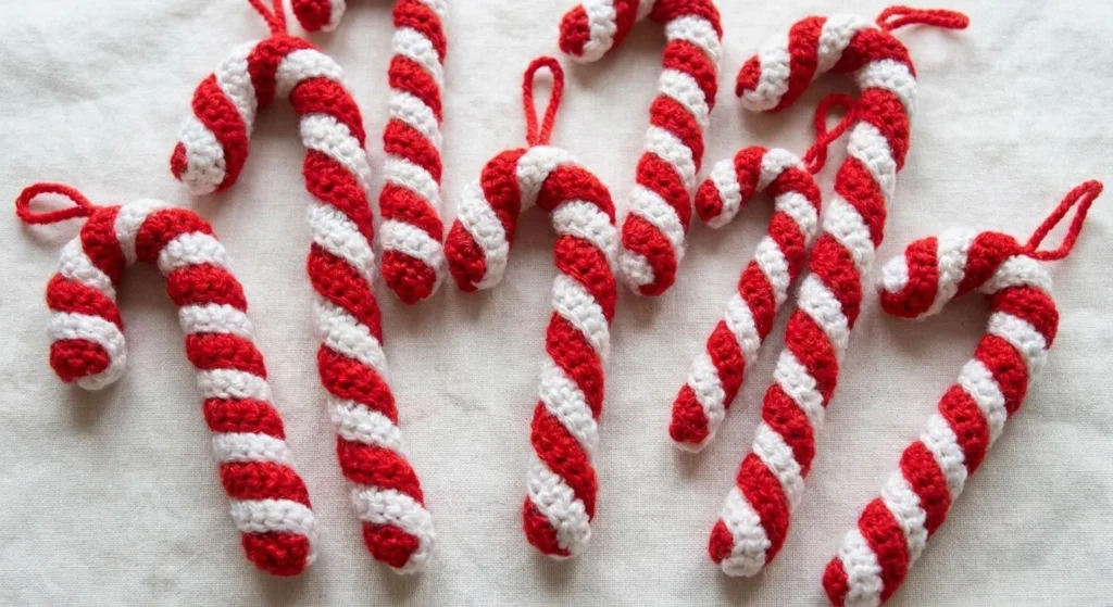 Several crocheted candy cane ornaments with red and white diagonal stripes and small hanging loops, arranged flat on white fabric.