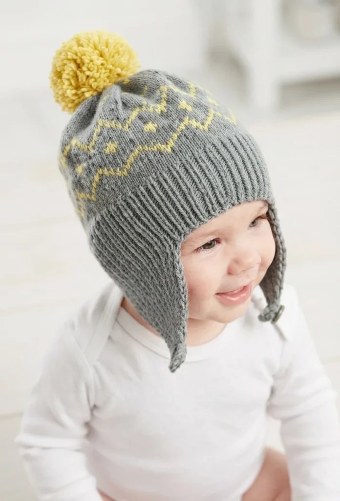 Baby smiling while wearing a grey knitted hat with ear flaps, a large yellow pom-pom and a yellow zigzag motif on the crown, dressed in a white long-sleeved bodysuit in a bright room.