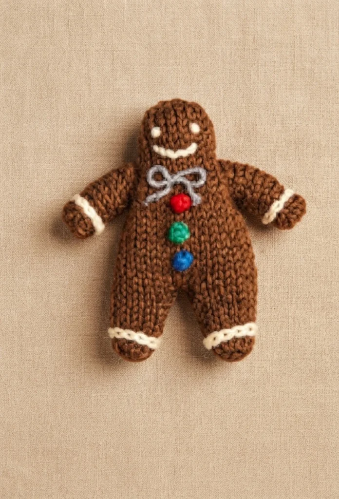 Brown yarn gingerbread man figure with white icing details on the wrists and ankles, a small grey bow at the neck, three buttons in red, green and blue, and a smiling stitched face, photographed on a plain beige fabric background.