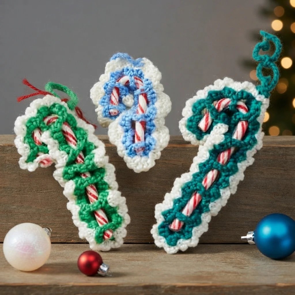 Three crochet candy cane ornaments with white scalloped borders and green, teal and blue edging wrapped over red and white striped candy canes, arranged on a wooden surface with a white, a red and a blue bauble and blurred Christmas tree li