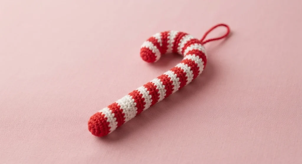 Décoration en crochet en forme de canne de Noël rayée rouge et blanc, avec une boucle de suspension, posée sur un fond rose uni.