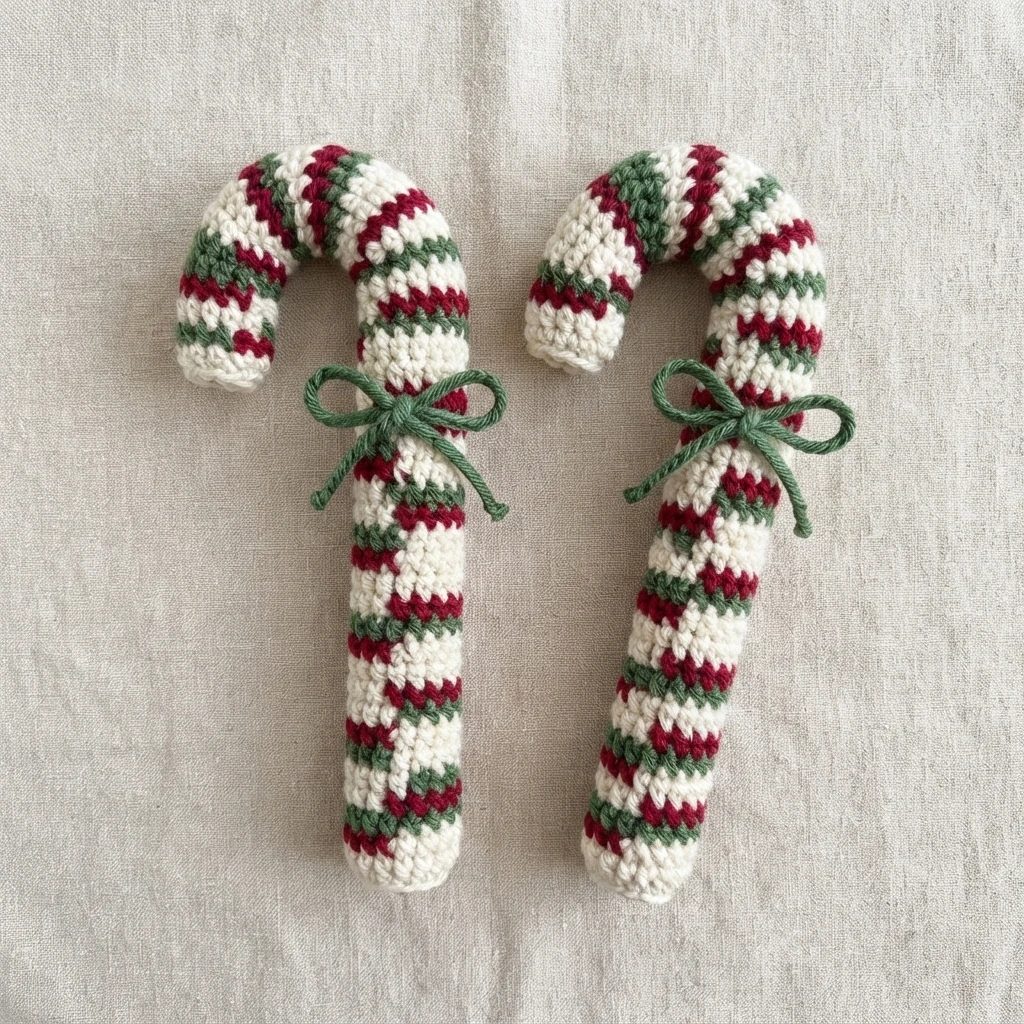 Two crochet candy cane decorations in white yarn with red and green striped bands, each tied with a green yarn bow, lying side by side on light woven fabric.
