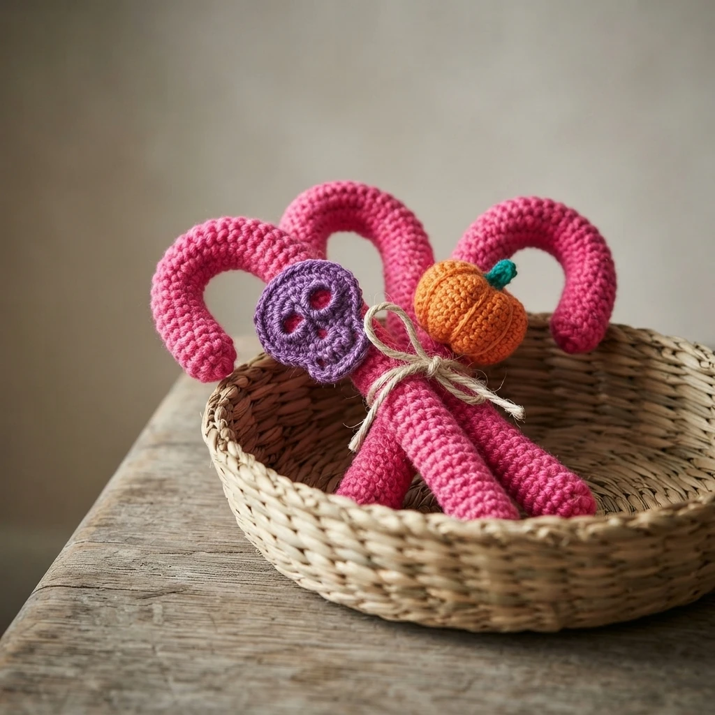 Pink crocheted candy cane decorations with a purple crocheted skull and a small orange crocheted pumpkin, tied together with twine and resting in a woven basket on a wooden table.