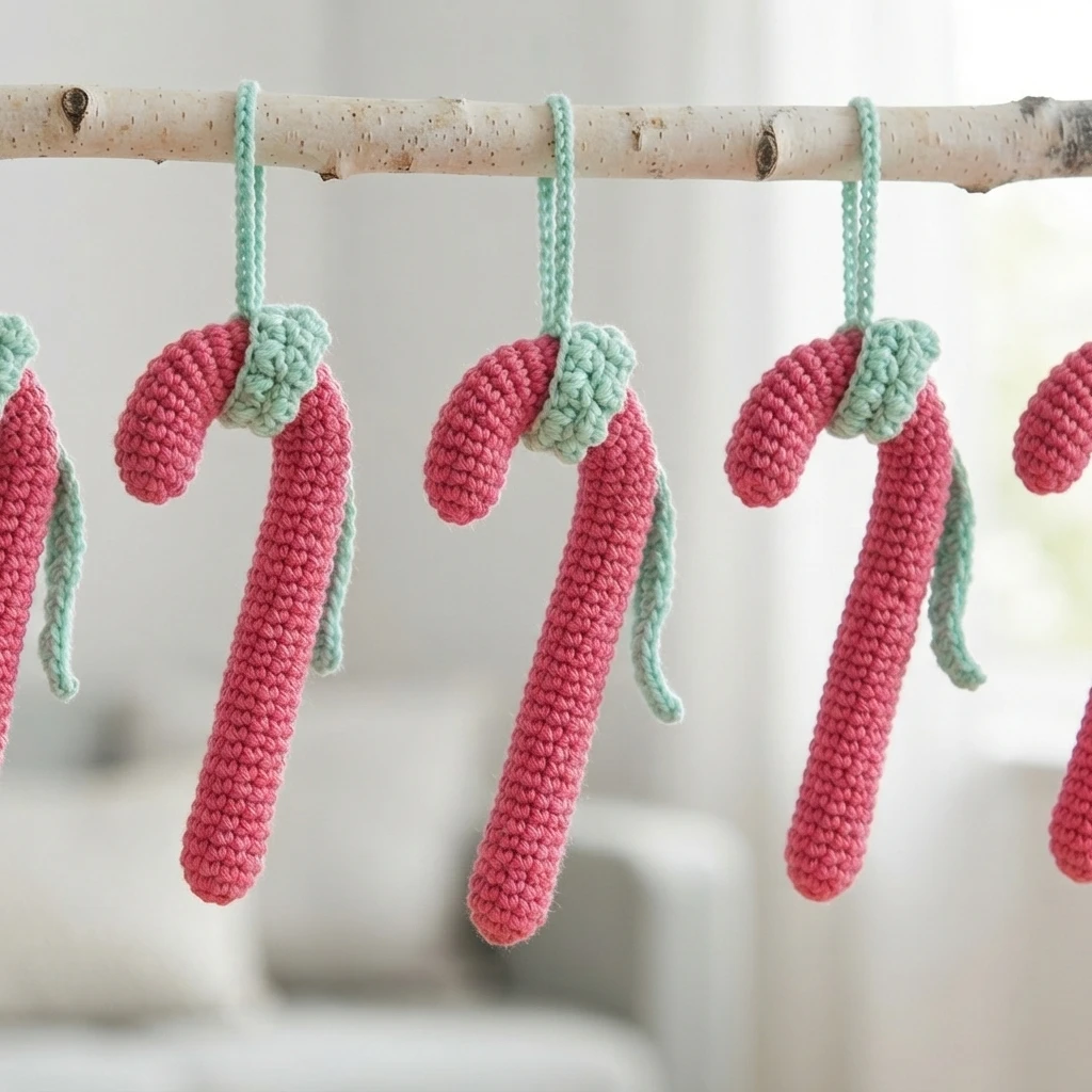Three crocheted candy cane ornaments in pink and mint green, each with a mint hanging loop, suspended from a light birch branch against a softly blurred indoor background.