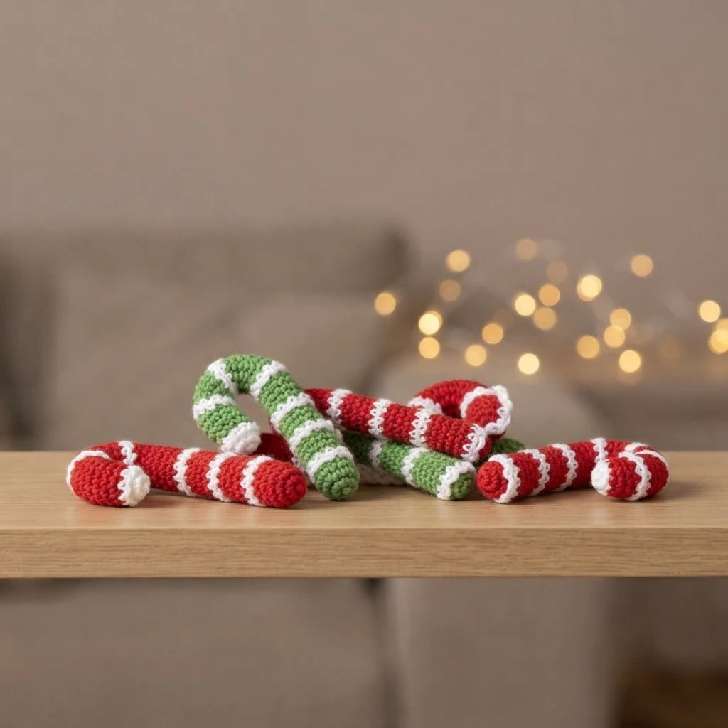 Crochet candy cane decorations with red, green and white stripes resting on a light wooden shelf, with blurred fairy lights glowing in the background