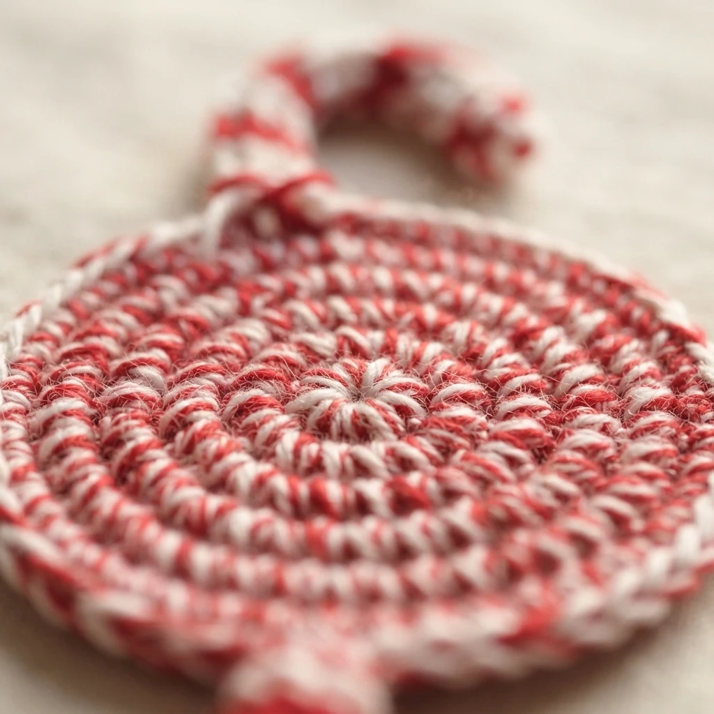 Close-up of a round crochet piece worked in red and white yarn with a small loop at the top, resting on a light surface