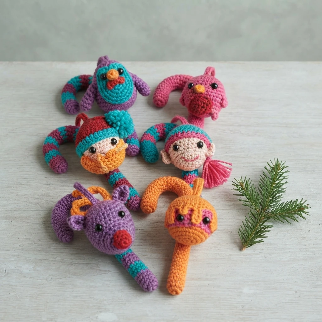 Six crochet candy cane covers topped with small character heads in purple, pink, orange and teal, laid flat on a pale wood surface next to a sprig of fir.