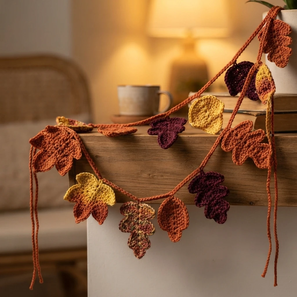 Crochet garland with autumn leaves in rust, yellow and plum draped over a wooden table near books and a mug.