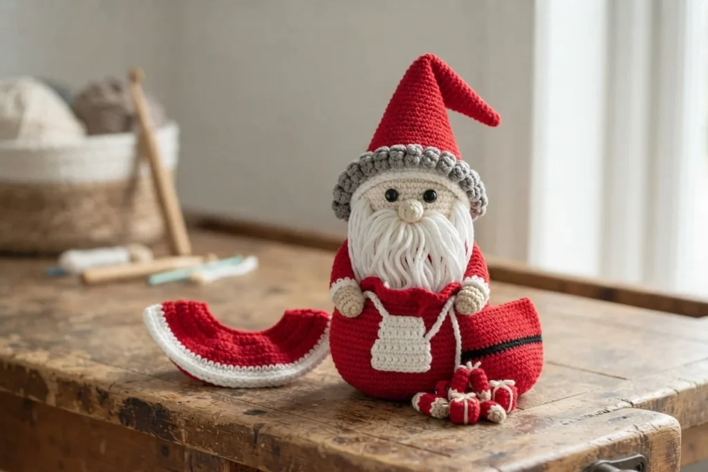 A crocheted Santa gnome with a red hat and white beard sits beside small wrapped gifts and a separate red-and-white crocheted piece on a wooden table.