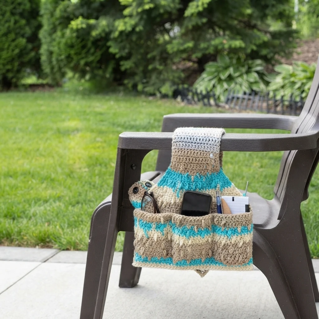Crocheted patio chair caddy in beige, tan, cream and turquoise stripes hanging over a dark chair arm, with pockets holding a phone, glasses, pen and notepad outdoors