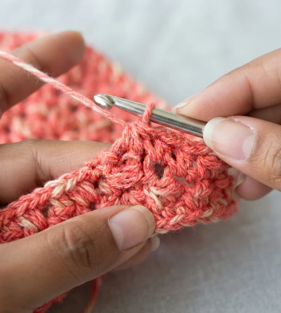 Close-up of hands holding a crochet hook and coral yarn while working a stitch in crocheted fabric