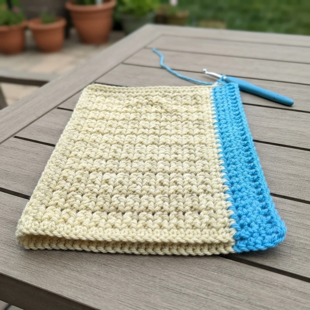 Crochet panel in cream yarn with a bright blue edge on a patio table, folded bottom edge and crochet hook still attached