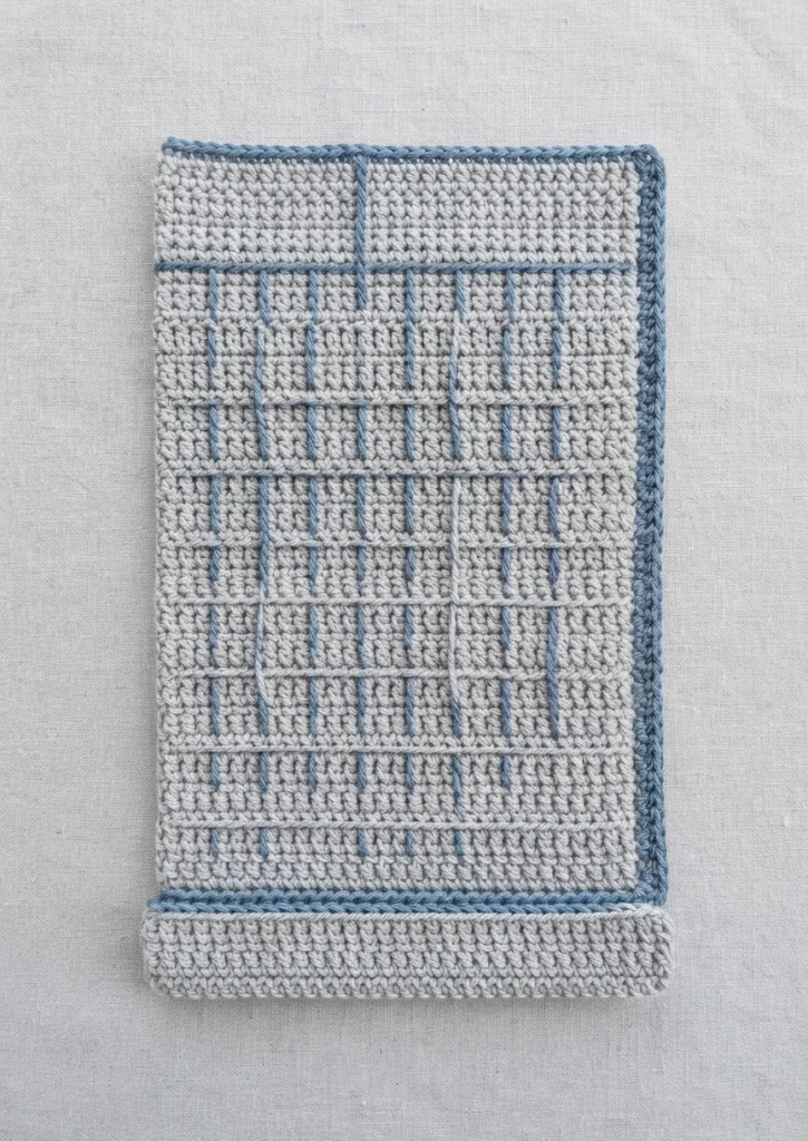 Flat crocheted panel in light gray with vertical dusty blue spike stitches, a blue edge and a folded bottom section on a light fabric background