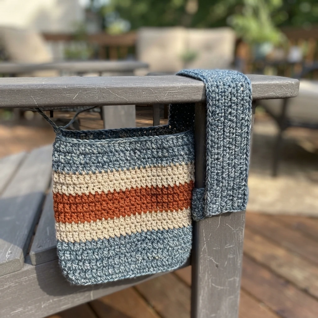 Striped crocheted caddy in slate blue, cream and rust hanging over the arm of a grey patio chair outdoors