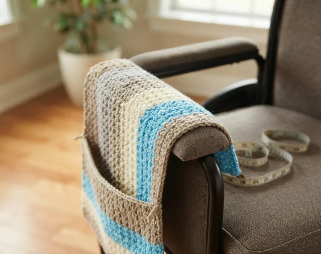 Striped crochet caddy in beige, grey, cream and blue draped over a chair arm with a front pocket, a coiled measuring tape on the seat beside it