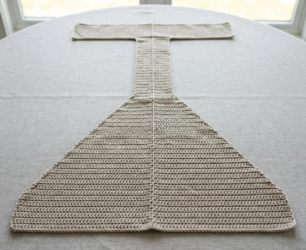 Beige crocheted caddy piece laid flat on a light table, with a wide triangular lower section, a narrow middle strip and a horizontal top bar
