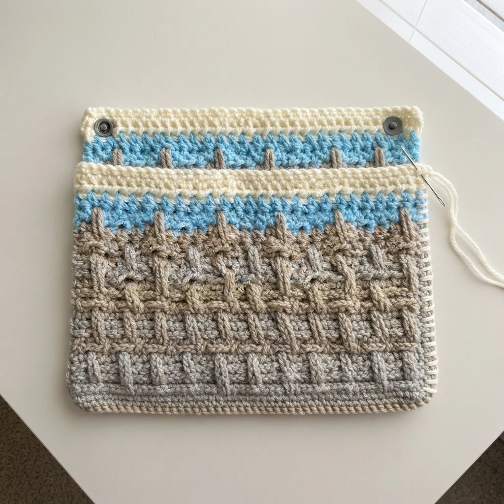 Crochet chair caddy laid flat with cream, blue, beige and grey spike stitch pattern, open snaps at the top and a needle sewing the pocket side edge
