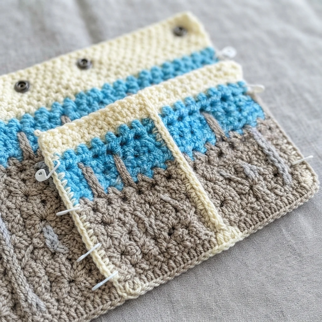 Crocheted chair caddy laid flat with snaps open, a divided pocket in cream, blue and taupe yarn, and stitch markers along the side edges