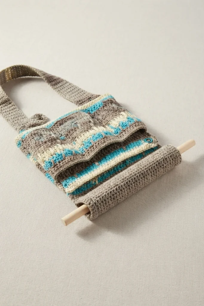 Crocheted chair caddy in turquoise, cream and taupe stripes with front pockets and a wooden dowel through the bottom tube, lying flat on a light surface