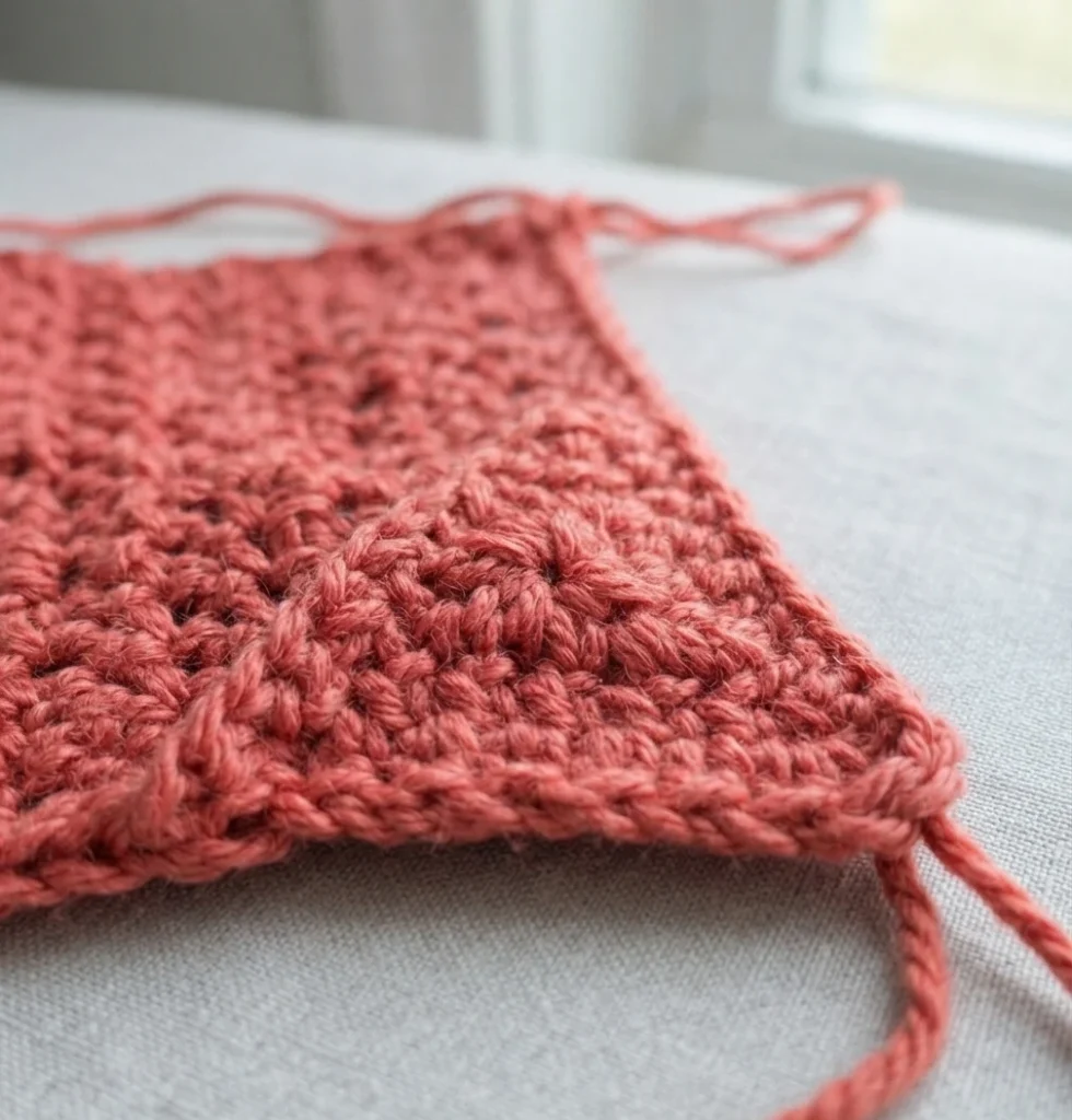 Close-up of a coral crochet swatch with textured stitches and loose yarn tails lying on a light fabric surface
