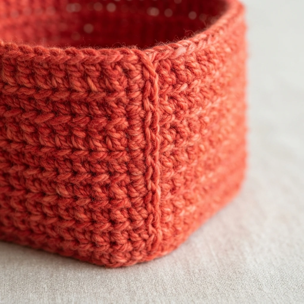Close-up of a coral red crochet piece with a vertical seam at the corner, resting on a light fabric surface