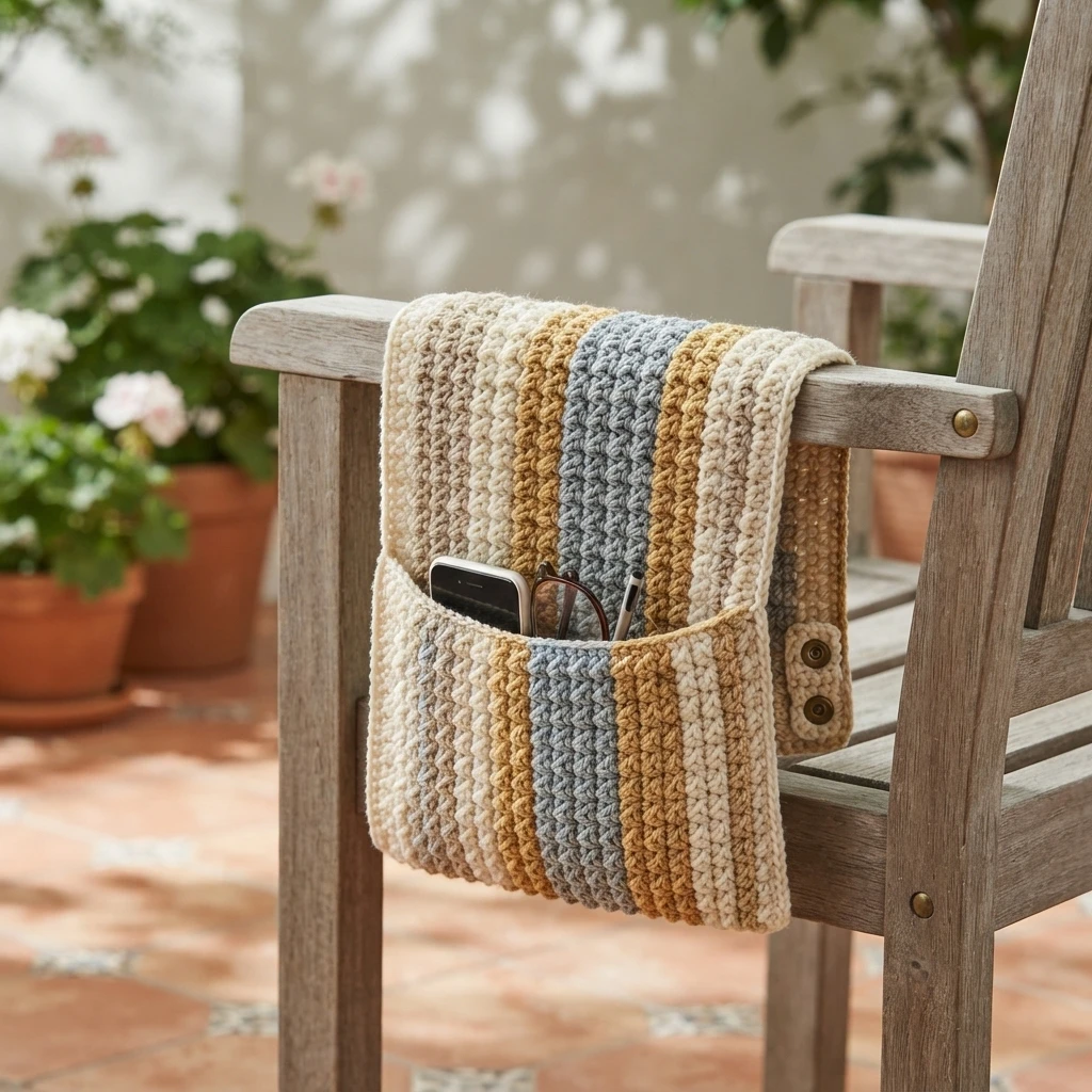 Striped crochet caddy draped over a wooden patio chair arm, with a front pocket holding a phone, glasses and a pen