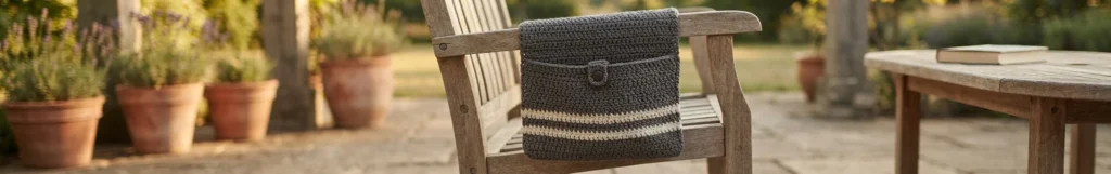 Grey crocheted caddy with cream stripes and a button closure draped over the arm of a wooden patio chair outdoors