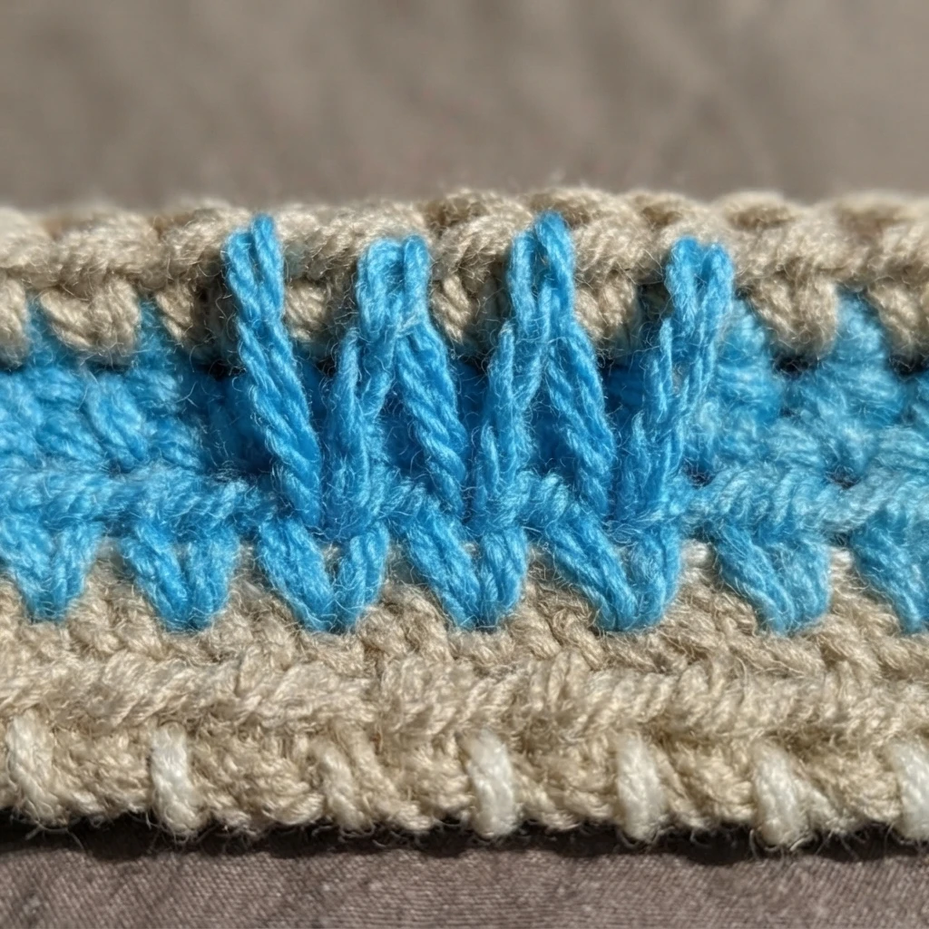 Close-up of elongated blue spike stitches over beige crochet rows