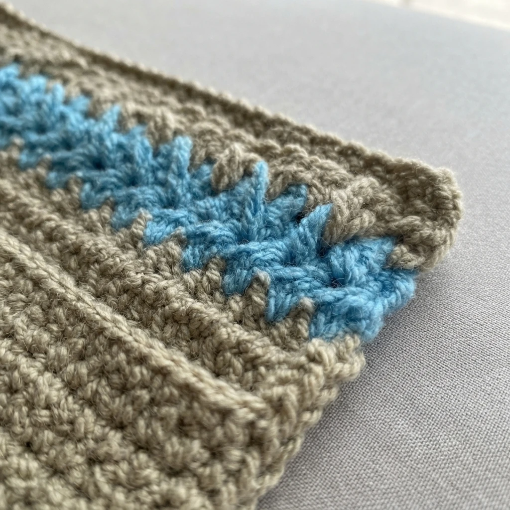Close-up of beige crochet fabric with a blue spike stitch band across the textured surface