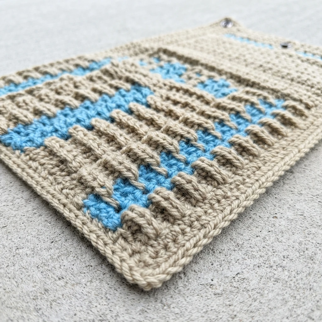 Angled close up of a beige and blue crocheted caddy lying flat, showing long beige spike stitches over blue stripes and snaps at the far edge