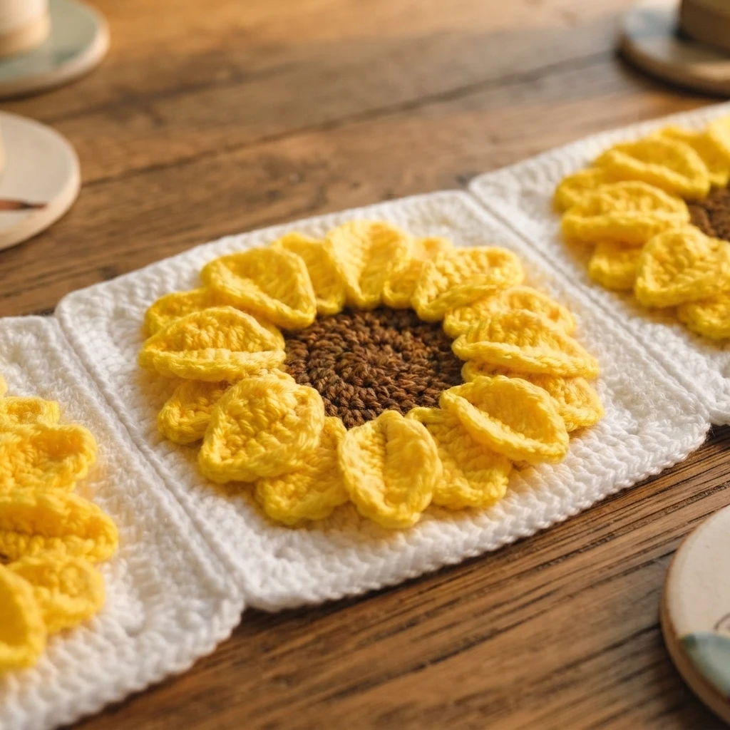 Crochet table runner with three raised sunflower motifs, each with yellow petals and a brown center, on white corner-to-corner squares, laid flat on a wooden table.
