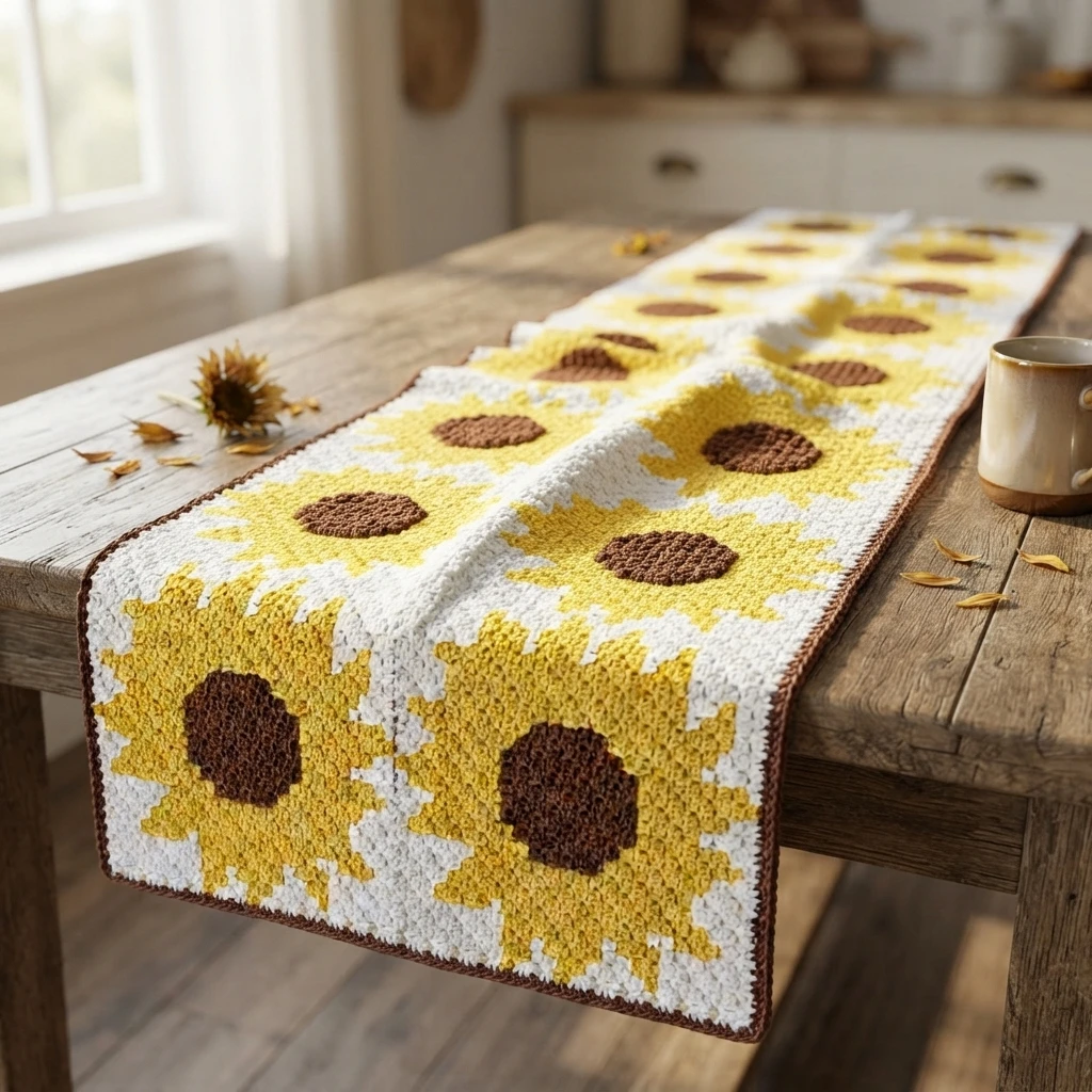 Crocheted table runner with repeating yellow and white sunflower motifs and brown centers, draped along a wooden table with a mug and a small sunflower nearby.