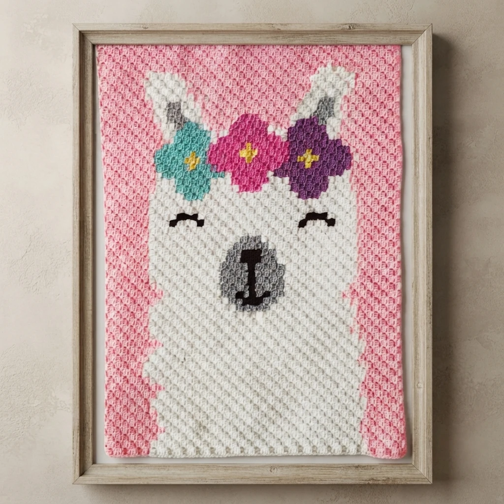 Carré au crochet en point corner-to-corner encadré dans un cadre en bois clair, montrant une tête de lama blanche avec une couronne de trois fleurs turquoise, rose et violet à cœurs jaunes, un museau gris, des yeux fermés brodés et un fond