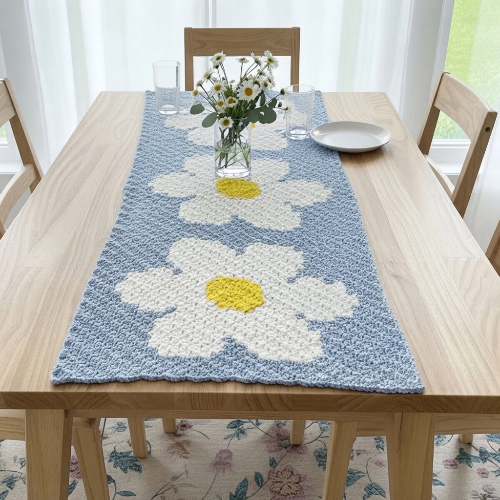 Crochet table runner in light blue and white with three large white daisies with yellow centers, laid along a light wood dining table with a glass vase of daisies, two drinking glasses and a white plate.