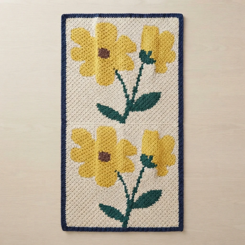 Flat rectangular crochet table runner in cream with a navy blue border, showing four yellow flowers with green stems and leaves arranged in two pairs, laid on a light wood surface.