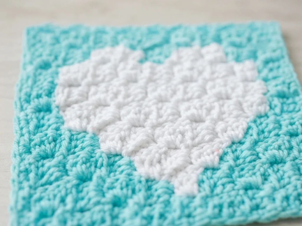 Crocheted corner-to-corner square in turquoise yarn with a white heart motif worked into the center, shown flat on a light wooden surface.