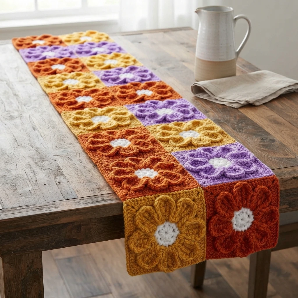 Crochet flower table runner made of orange, yellow and purple flower squares with white centers, laid along a rustic wooden table next to a white pitcher and a folded napkin.