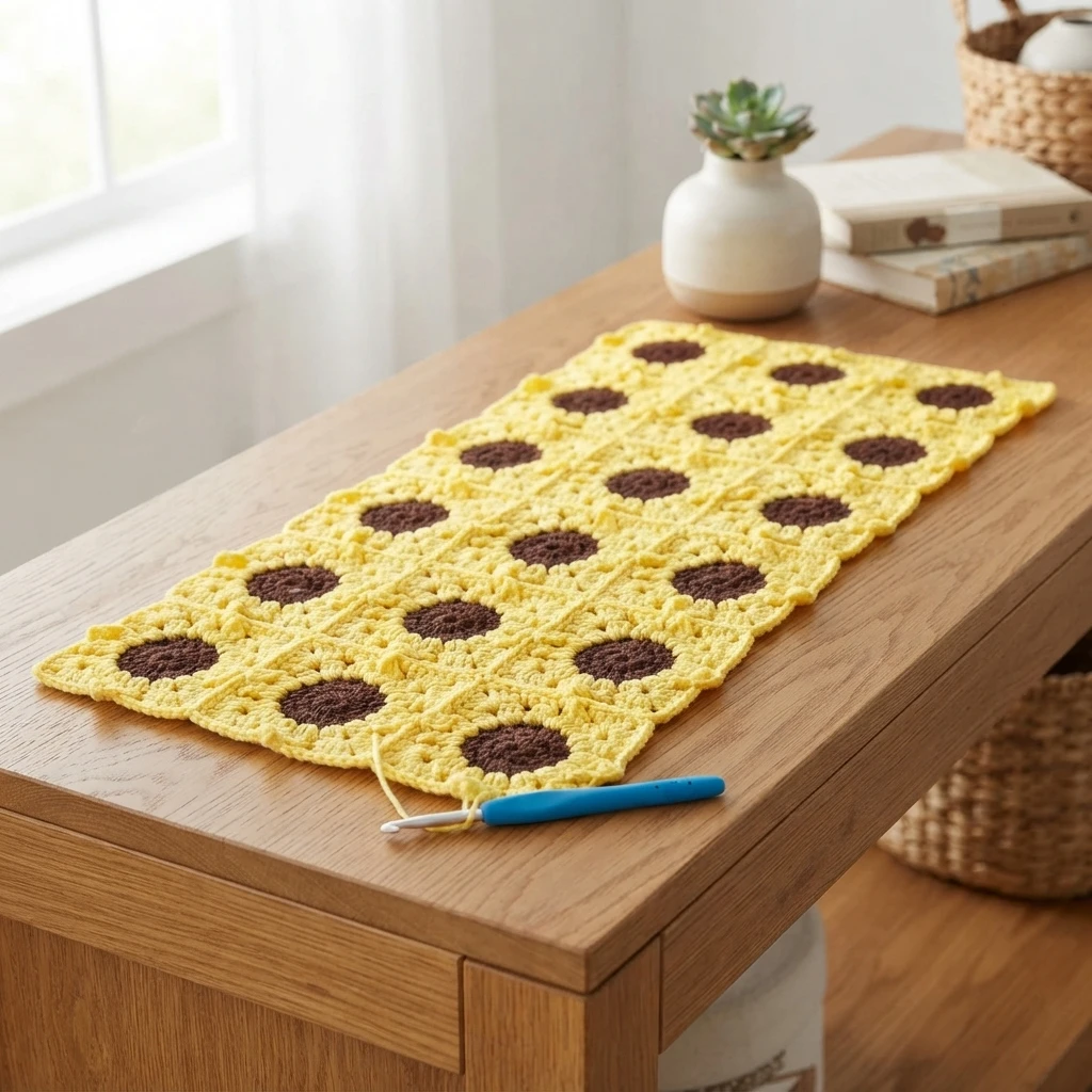 Yellow crocheted table runner with rows of dark brown circular centers laid flat on a wooden table, a blue crochet hook and yarn tail resting nearby, with a small vase, stacked books and woven baskets in the background.