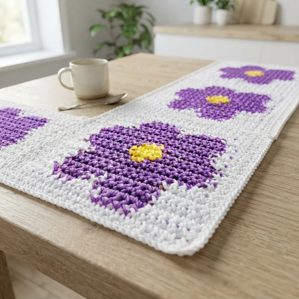 White crocheted table runner with purple flowers with yellow centers, laid flat on a light wood table next to a white mug and a small spoon, with a plant and kitchen counter in the background.