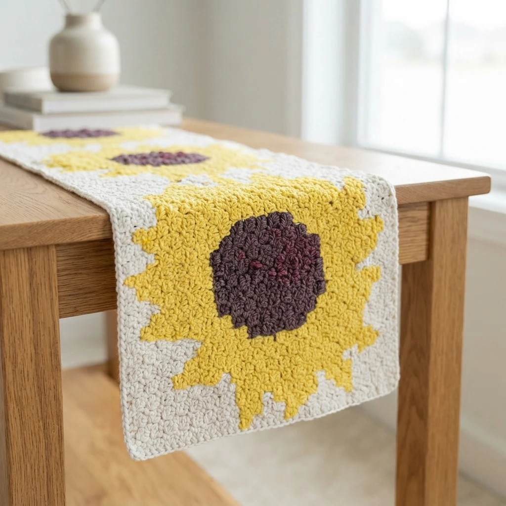 Crocheted table runner with large yellow sunflower motifs and dark brown centers on a cream background, draped over a light wooden table beside a vase and stacked books.