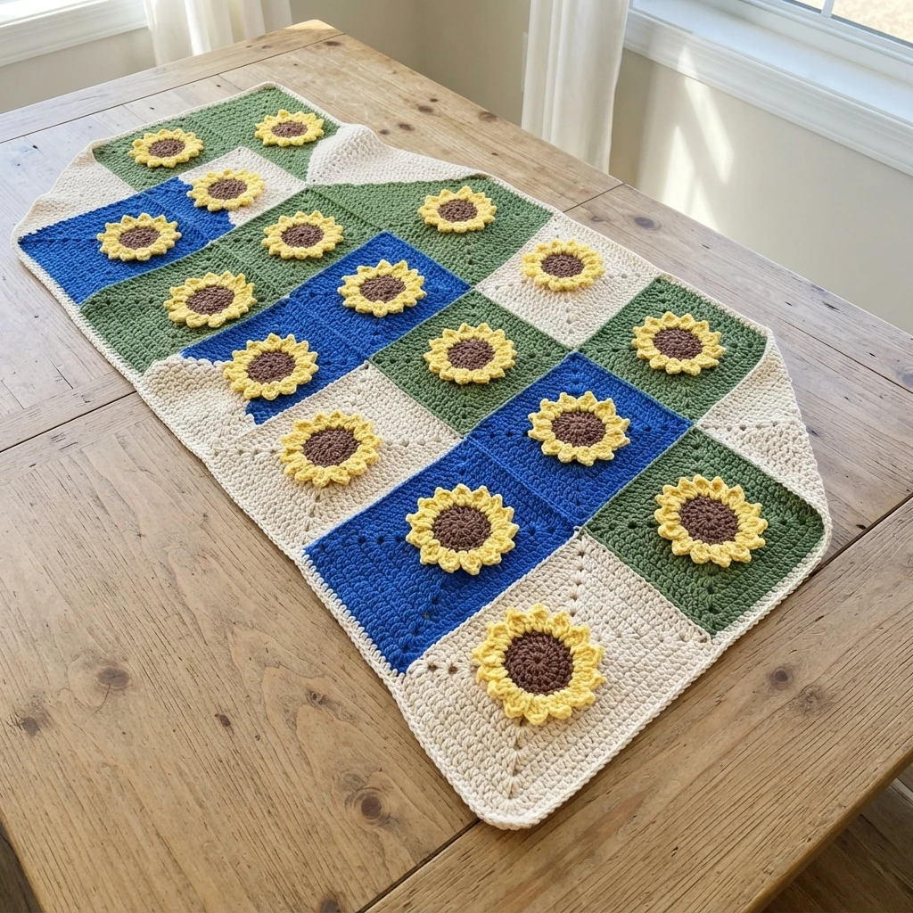 Crochet table runner with yellow sunflowers on a checkerboard of blue, green and cream squares, laid flat on a wooden table beside a window.