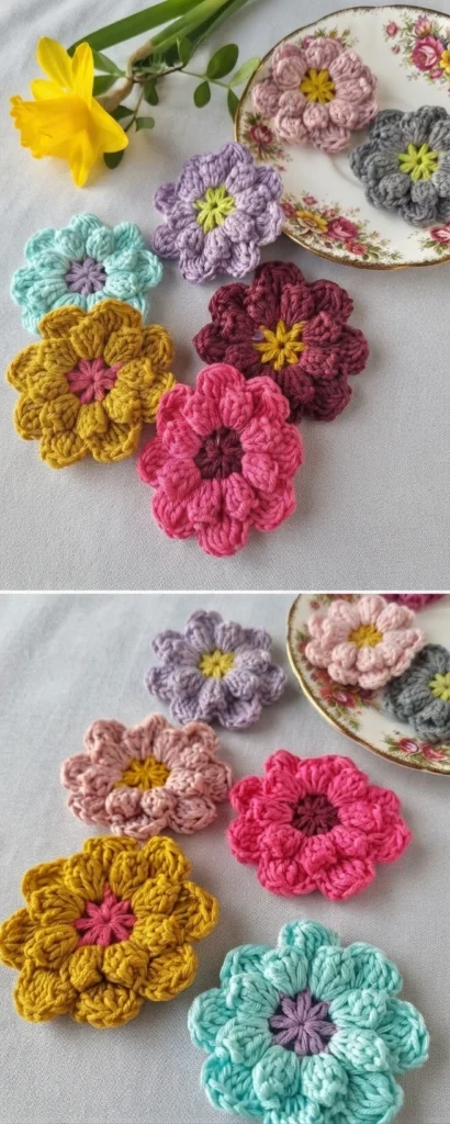 Two stacked photos of colorful crocheted flowers with textured petals arranged on a white surface beside a floral saucer and a yellow daffodil.