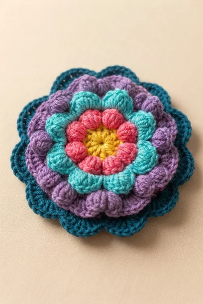 Close-up of a single multicolored crochet flower with concentric rings of yellow, pink, teal, purple and dark teal petals on a plain light background.
