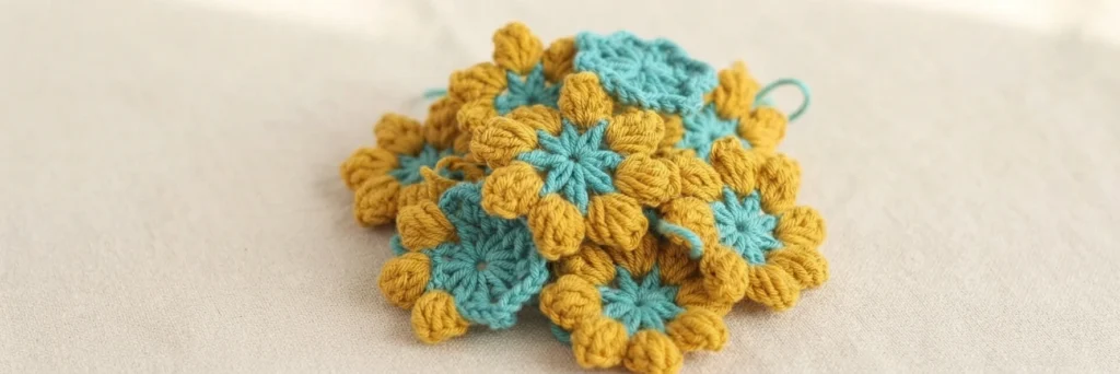 Pile of small crochet flowers with teal centers and mustard yellow textured petals on light beige fabric