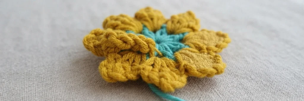Close-up of a crochet flower with mustard-yellow popcorn petals and a teal center, resting on a neutral linen background