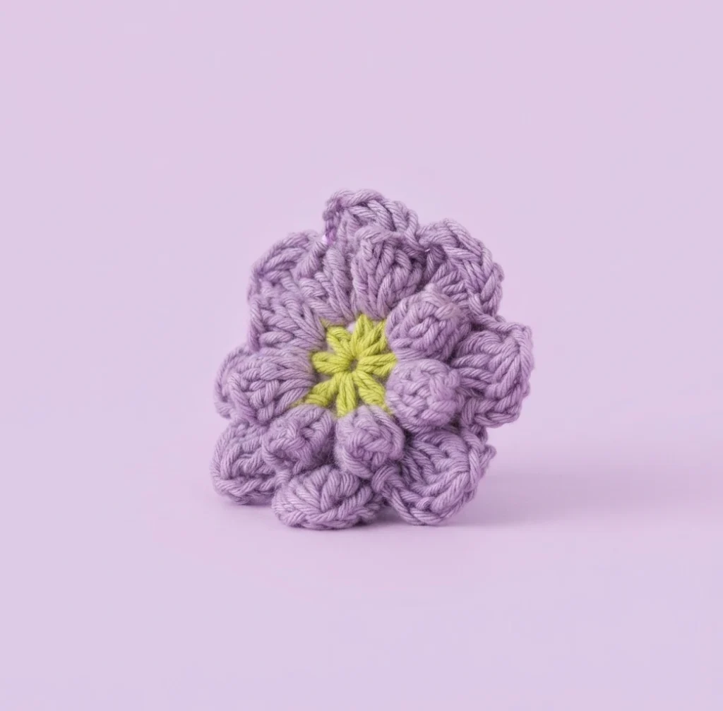 Single crocheted flower with lavender popcorn petals and a lime green star center on a pale purple background.