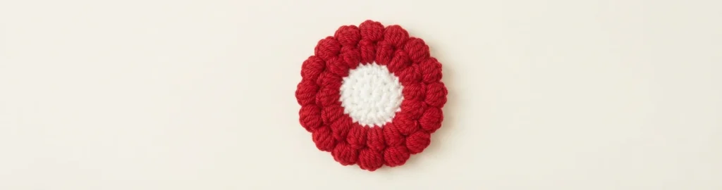 A finished crocheted flower with red textured popcorn petals and a white center, seen from above on a plain background.