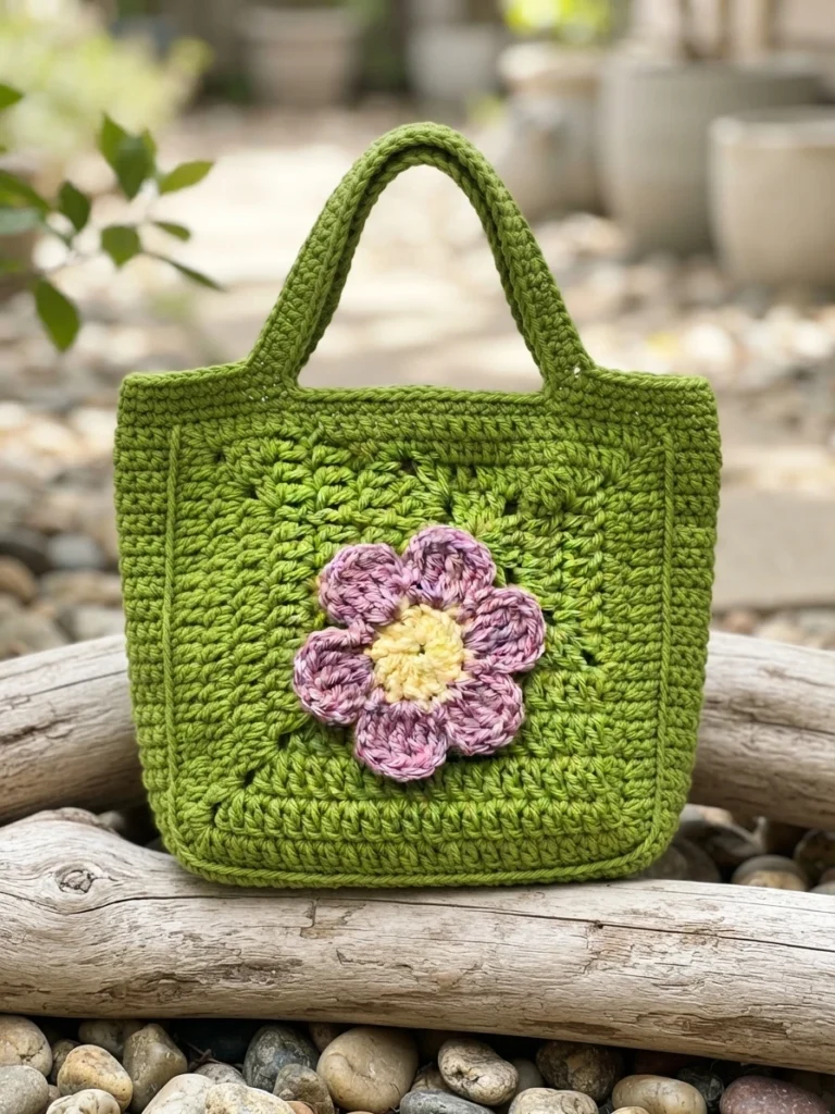 Green crocheted tote bag with a pink and yellow flower appliqué, photographed outdoors.